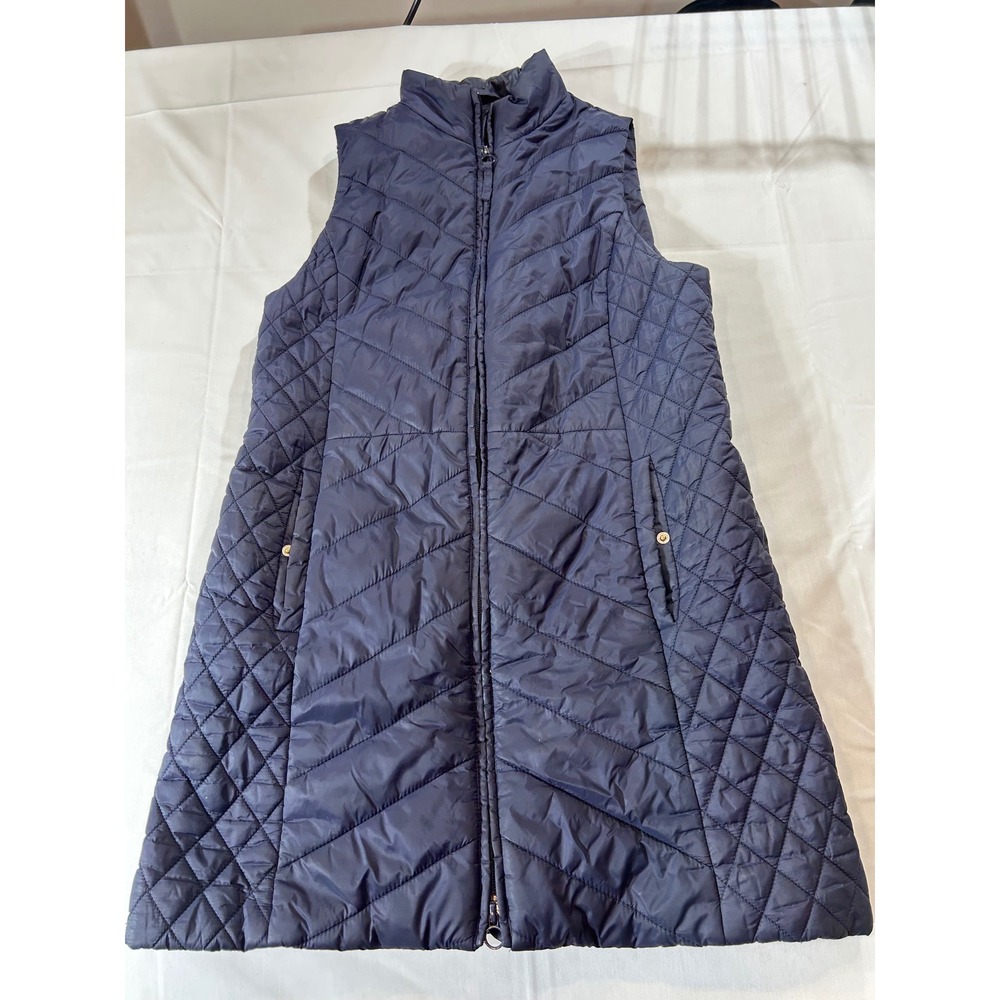 Talbots Womens Navy Blue Quilted Puffer Vest Long Full Zip XS Chevron Diamond